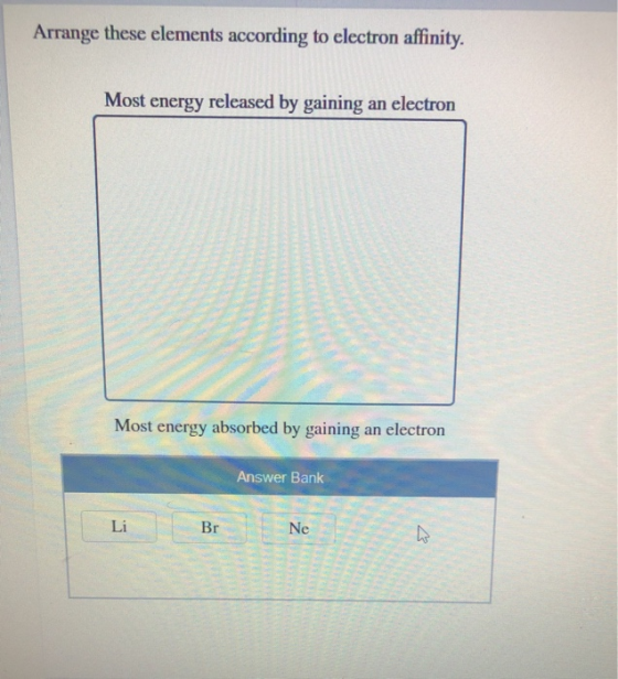 Arrange these elements according to electron affinity. Most energy released by gaining an electron Most energy absorbed by ga