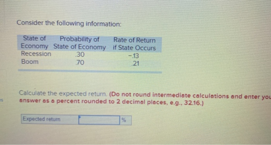 Consider the following information: State of Probability of Rate of Return Economy State of Economy if State Occurs Recession