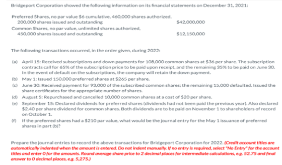 Bridgeport Corporation showed the following information on its financial statements on December 31, 2021: Preferred Shares, n