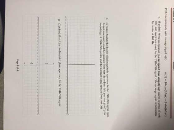 Prob 5 (continued): with message signal m(t): m(t) 10 cos(20mt) + 6 sin(60rt) (8 points) Write an equation (do not spend time simplifying! can be in terms of both sin0 and cos0 functions) for the LSB-SSB signal if the message signal is modulated by carrier at 100 Hz: e. (6 points) Sketch the double-sided magnitude spectrum for the LSB-SSB signal (you do not necessarily need the equation from part (d) to draw this, you can go off your knowledge of LSB-SSB spectra and the message signal spectra from part (a)) f. g. (2 points) Sketch the double-sided phase spectrum for the LSB-SSB signal: Page 5 of 6