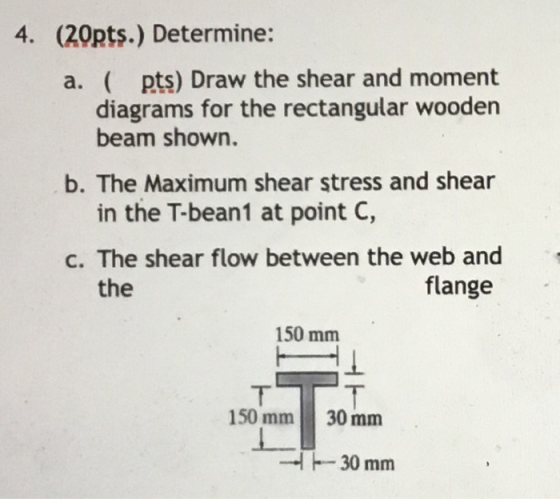 4. (20pts.) Determine: a. ( pts) Draw the shear and moment diagrams for the rectangular wooden beam shown. b. The Maximum she