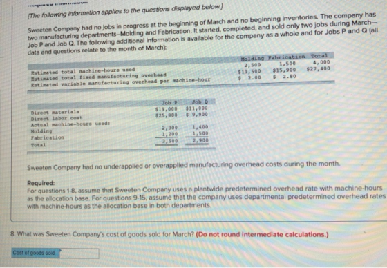 (The following information applies to the questions displayed below) Sweeten Company had no jobs in progress at the beginning