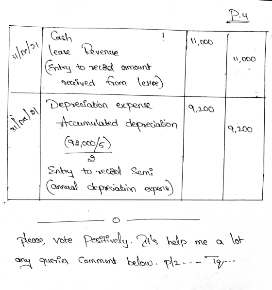 Р.Ч 11,000 31/08/21 11,000 Cash ! lease Revenue Centry to record amount received from lessee) Depreciation expense Accumulate