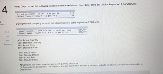 Hutto Corp. has set the following standard direct materials and direct labor costs per unit for the product it manufactures.