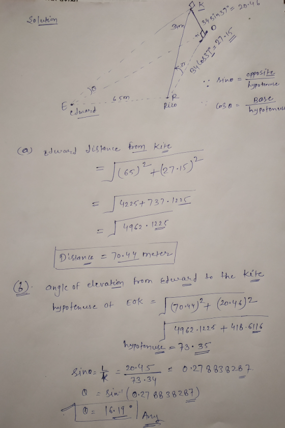Solution 34sin37= 20.4 34m opposite hypotenuse sino = E- edmard Base piro hypotenuse a) zJwar) Jispance from Kire J(o0)+0715)
