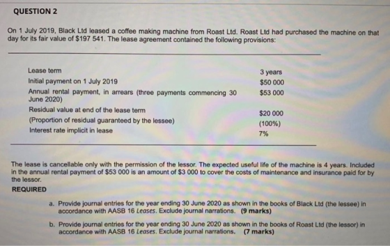 QUESTION 2 On 1 July 2019, Black Ltd leased a coffee making machine from Roast Ltd. Roast Ltd had purchased the machine on th
