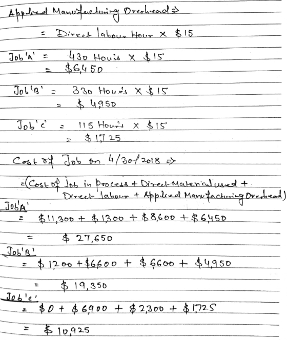Applied Manufacturing Overhead - Direct labour Howr x $15 JobA = 430 Houis X $15 $6,4.50 .__ JobB = $ 15 330 Hours X $ 4