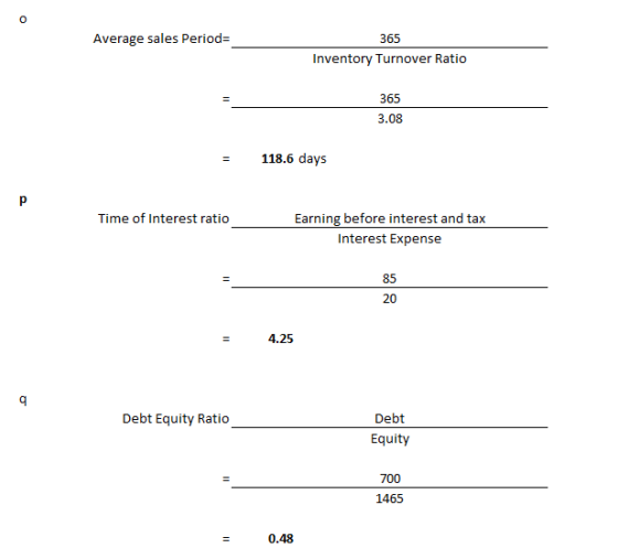 Average sales Period= 365 Inventory Turnover Ratio 365 3.08 = 118.6 days Time of Interest ratio Earning before interest and t