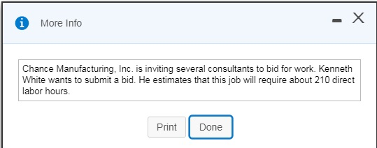 6 More Info 1 Chance Manufacturing, Inc. is inviting several consultants to bid for work. Kenneth White wants to submit a bid. He estimates that this job will require about 210 direct labor hours. Print Done