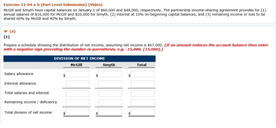 Exercise 12-04 a-b (Part Level Submission) (Video) McGill and Smyth have capital balances on January 1 of $60,000 and $48,000