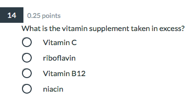 14 0.25 points What is the vitamin supplement taken in excess? O Vitamin C riboflavin Vitamin B12 niacin