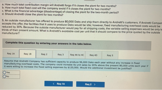 a. How much total contribution margin will Andretti forgo if it closes the plant for two months? b. How much total fixed cost