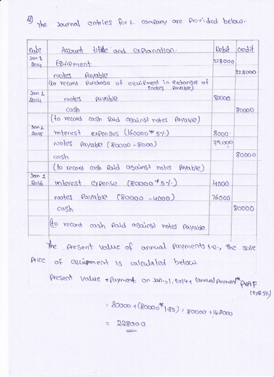 & the Journal entries for a company are provided below. Date Jan 1 Debit credit 228000 22.8000 2014 Jan 1 2014 80000 80000 Sa