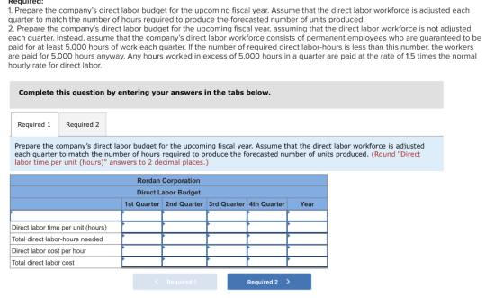 Requirea! 1. Prepare the companys direct labor budget for the upcoming fiscal year. Assume that the direct labor workforce i