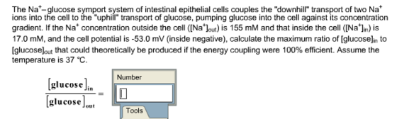 The Nat-glucose symport system of intestinal epithelial cells couples the downhill transport of two Na* ions into the cell to the uphiíl transport of glucose, pumping glucose into the cell against its concentration gradient. If the Na concentration outside the cell (INalout) is 155 mM and that inside the cell ([Nalin) is 17.0 mM, and the cell potential is -53.0 mV (inside negative), calculate the maximum ratio of [glucose]in to [glucose]out that could theoretically be produced if the energy coupling were 100% efficient. Assume the temperature is 37 °C. mv (inside negative), calculate the maximum ratio Number glucose in glucose」out Tools