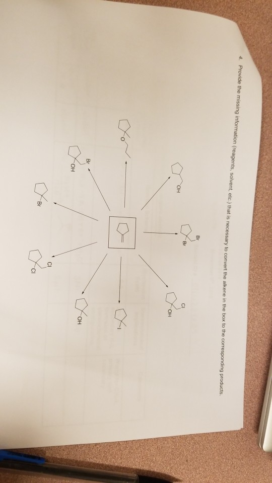 4. Provide the missing information (reagents, solvent, etc.) that is necessary to convert the alkene in the кон он