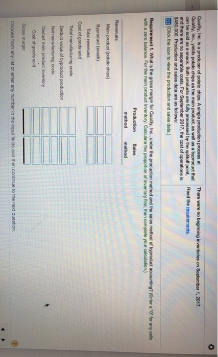 There were no beginning inventories on September 1, 2017 Read the requirements. Quality, Inc. is a producer of potato chips.