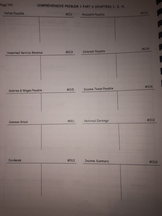 Page 144 COMPREHENSIVE PROBLEM 1 PART A (CHAPTERS 1, 3, 4 Notes Payable #211 Accounts Payable #214 Unearned Service Revenue #