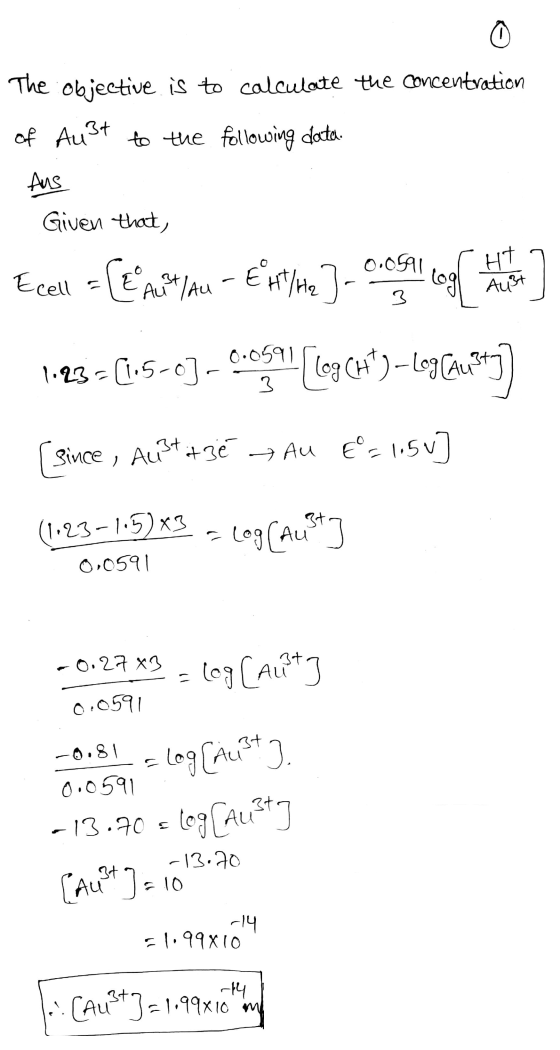 The objective is to calculate the concentration of Au3t to the following data. Aus Given that, Ecell = [EAula lan - /4e ]- O