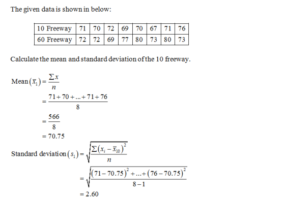 The given data is shown in below 10 Freeway 71 70 72 69 70 67 71 76 60 Freeway 72 72 69 77 80 73 8073 Calculate the mean and