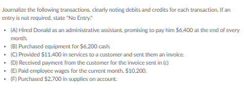 Journalize the following transactions, clearly noting debits and credits for each transaction. If an entry is not required, s