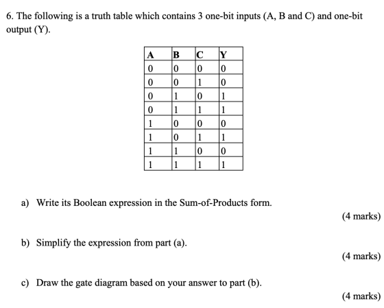 6. The following is a truth table which contains 3 one-bit inputs (A, B and C) and one-bit output (Y). A B С Y 0 0 0 0 0 0 0