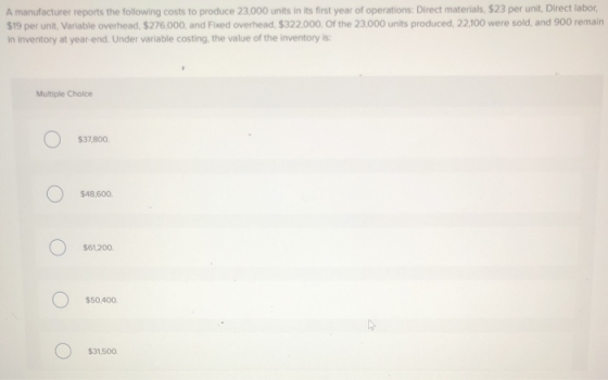 A manufacturer reports the following costs to produce 23,000 units in its first year of operations: Direct materials, $23 per