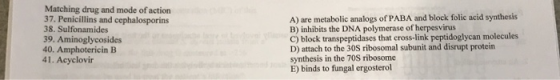 Matching drug and mode of action 37. Penicillins and cephalosporins 38. Sulfonamides 39. Aminoglycosides 40. Amphotericin B 4