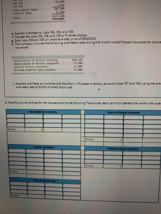39,800 163, 160 Job 13 300 140 Total direct labor Indirect labor Total $127,100 e. Applied overhead to Jobs 136, 138, and 139