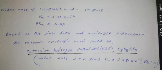 Molar mass of monoprotic acid = 201ghnol Ka = 3.01x106 Pka = 5.55 SYET LL-01-610 Based the on the given data and available li