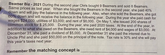 Beamer Biz - 2021 During the second year Chris bought 9 Beamers and sold 8 Beamers. Same prices as last year. When she bought