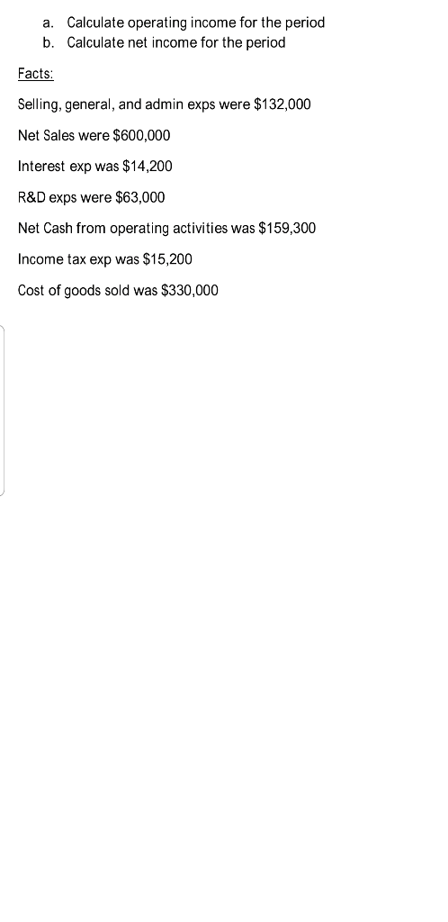 a. Calculate operating income for the period b. Calculate net income for the period Facts: Selling, general, and admin exps w