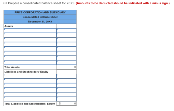 C-1. Prepare a consolidated balance sheet for 20X9. (Amounts to be deducted should be indicated with a minus sign.) PRICE COR
