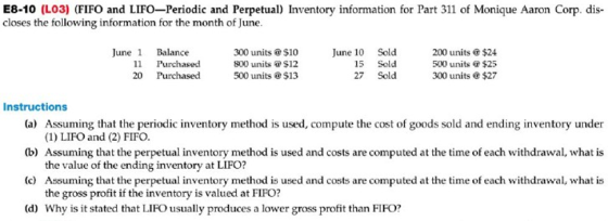 E8-10 (L03) (FIFO and LIFO—Periodic and Perpetual) Inventory information for Part 311 of Monique Aaron Corp. dis- closes the