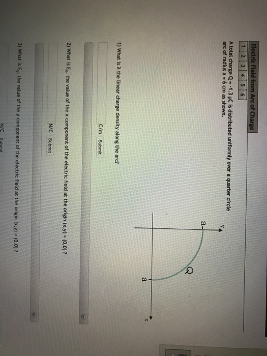 Electric Field from Arc of Ch A total charge Q-4.3 C is distributed uniformly over a quarter circle arc of radius a 6 cm as shown. 1) what is λ the linear charge density along the arc C/m Submit 2) What is E,, the value of the x-component of the electric field at the origin (k.n- 0.0) 3) What is E, the value of the y component of the electric field at the origin toy) (0.0)2 N/C Suhmit