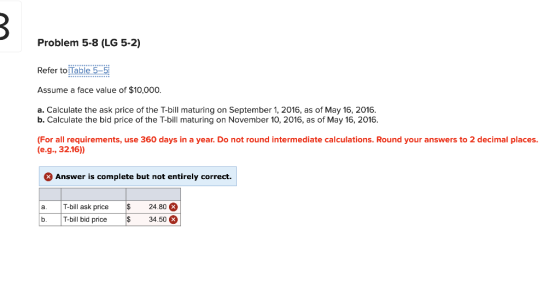Problem 5-8 (LG 5-2) Refer to Table 5-5 Assume a face value of $10,000. a. Calculate the ask price of the T-bill maturing on