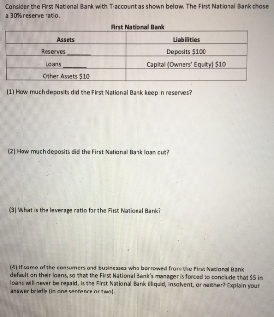 Consider the First National Bank with T-account as shown below. The First National Bank chose a 30% reserve ratio. First Nati