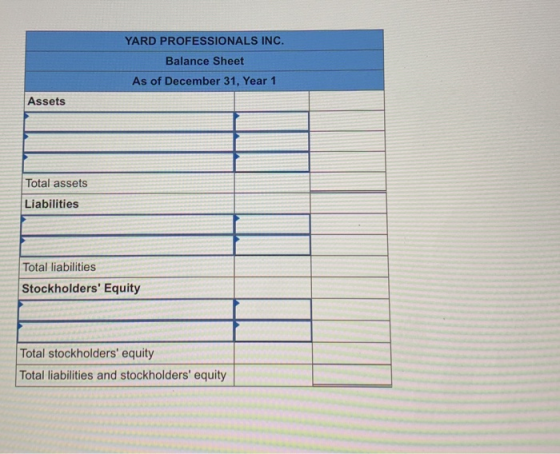 YARD PROFESSIONALS INC. Balance Sheet As of December 31, Year 1 Assets Total assets Liabilities Total liabilities Stockholder