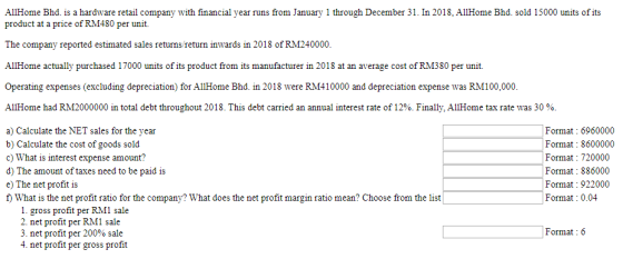 AllHome Bhd. is a hardware retail company with financial year runs from January 1 through December 31. In 2018. AllHome Bhd.