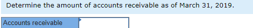 Determine the amount of accounts receivable as of March 31, 2019. Accounts receivable