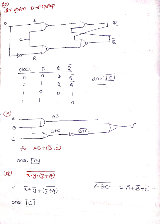 for given D-flipflop o Je lo Don Clock D a ē OO ans: [c] - (9) A III -- AB AB a Btc f. BtC f= AB+(B+C) ans: Tel (8) 7•y(2+4)