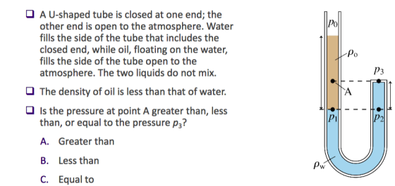 O A U-shaped tube is closed at one end; the Po other end is open to the atmosphere. Water fills the side of the tube that includes the closed end, while oil, floating on the water, fills the side of the tube open to the atmosphere. The two liquids do not mix. O The density of oil is less than that of water Is the pressure at point A greater than, less than, or equal to the pressure p3? A. Greater than B. Less than C. Equal to
