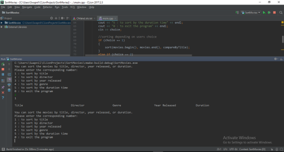 SortMovies [C:lUsers SwapniN CLionProjects SortMovies] .main.cpp - CLion 2017.2.3 Eile Edit View Navigate Code Refactor Run I