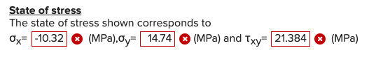 State of stress The state of stress shown corresponds to Ox= -10.32 (MPa),gy= 14.74 (MPa) and Txy= 21.384 * (MPa)