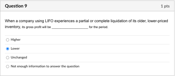 Question 9 1 pts When a company using LIFO experiences a partial or complete liquidation of its older, lower-priced inventory
