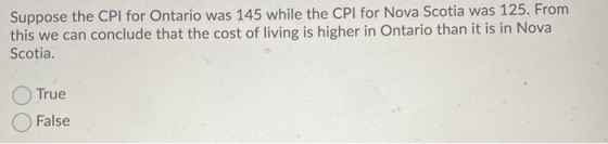 Suppose the CPI for Ontario was 145 while the CPI for Nova Scotia was 125. From this we can conclude that the cost of living