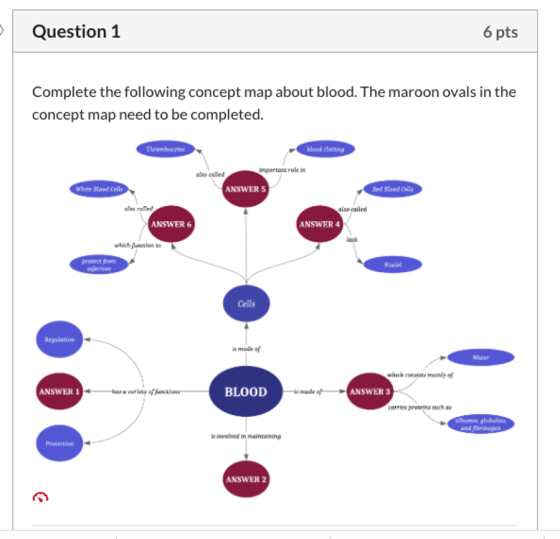 Question 1 6 pts Complete the following concept map about blood. The maroon ovals in the concept map need to be completed. Th