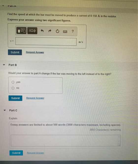 raILM Find the speed at which the bar must be moved to produce a current of 0.150 A in the resistor. Express your answer usin