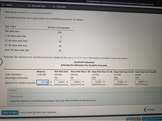 CengageNOWv21 Online teaching and learning resource from Cengage Learning eBook Show Me How Calculator Estimating Allowance f