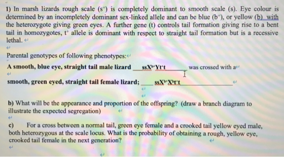 1) In marsh lizards rough scale (st) is completely dominant to smooth scale (s). Eye colour is determined by an incompletely